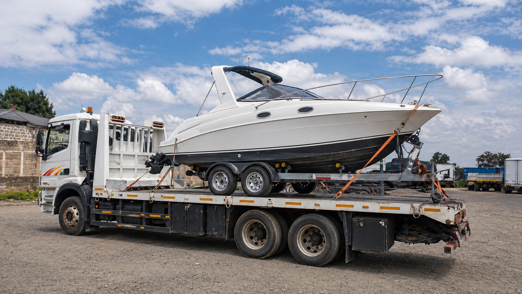Boat secured on a trailer and loaded for specialty transport