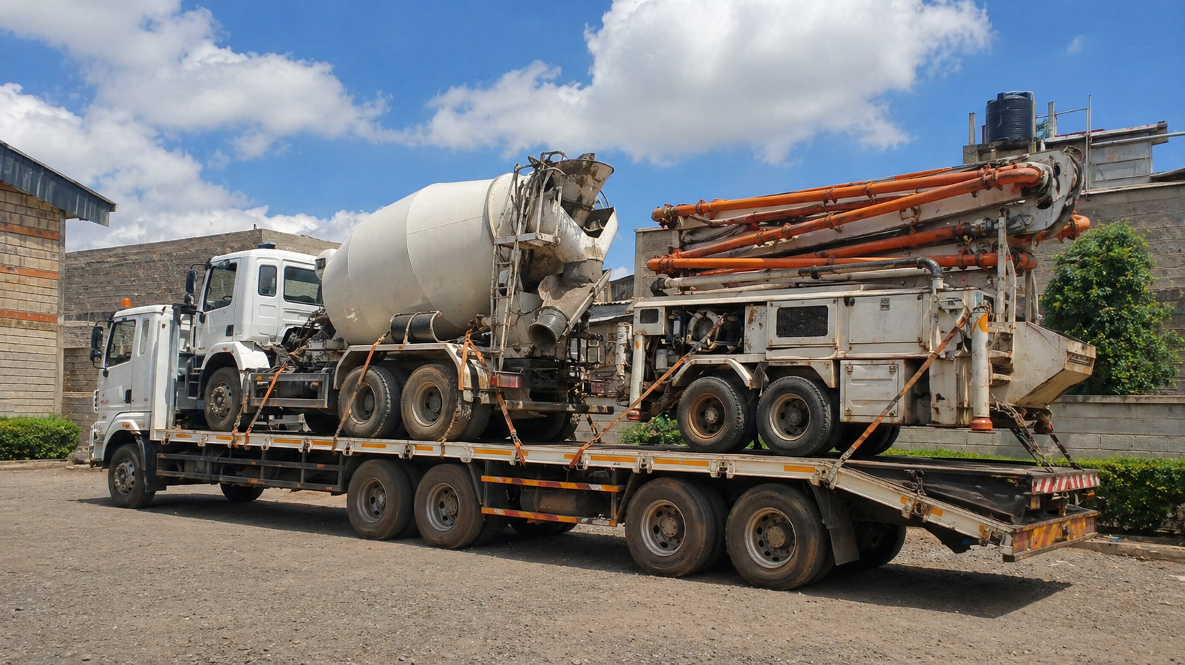 Concrete mixer and pump equipment secured on a heavy-duty transport truck