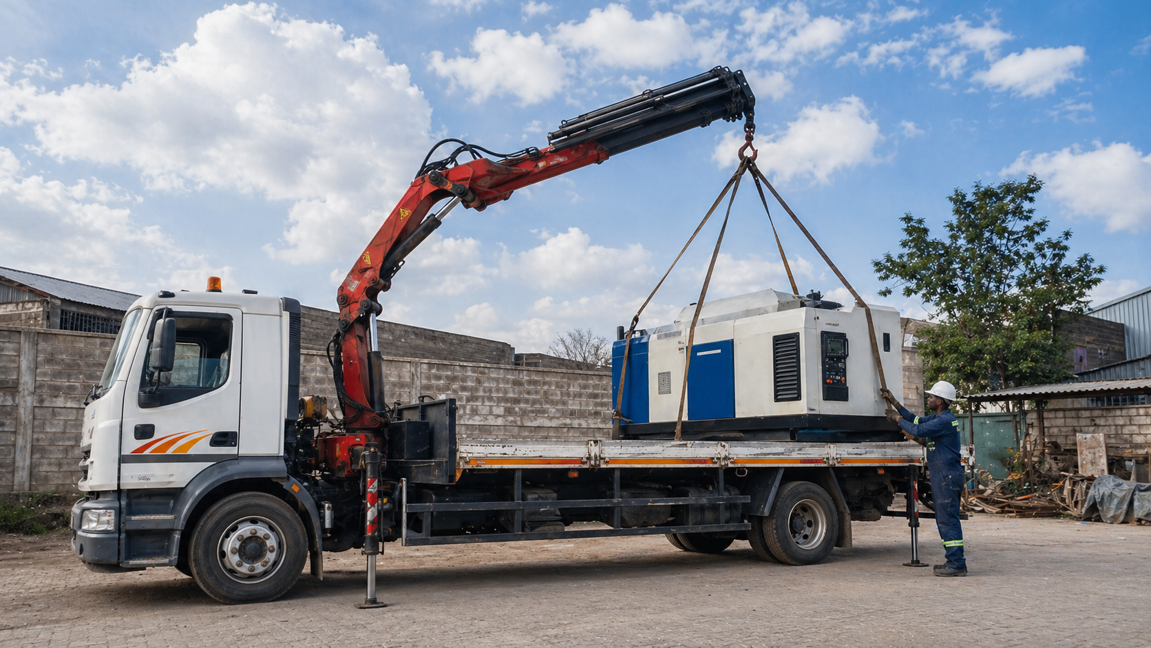 Hiab crane truck carrying machinery for lifting and transport support