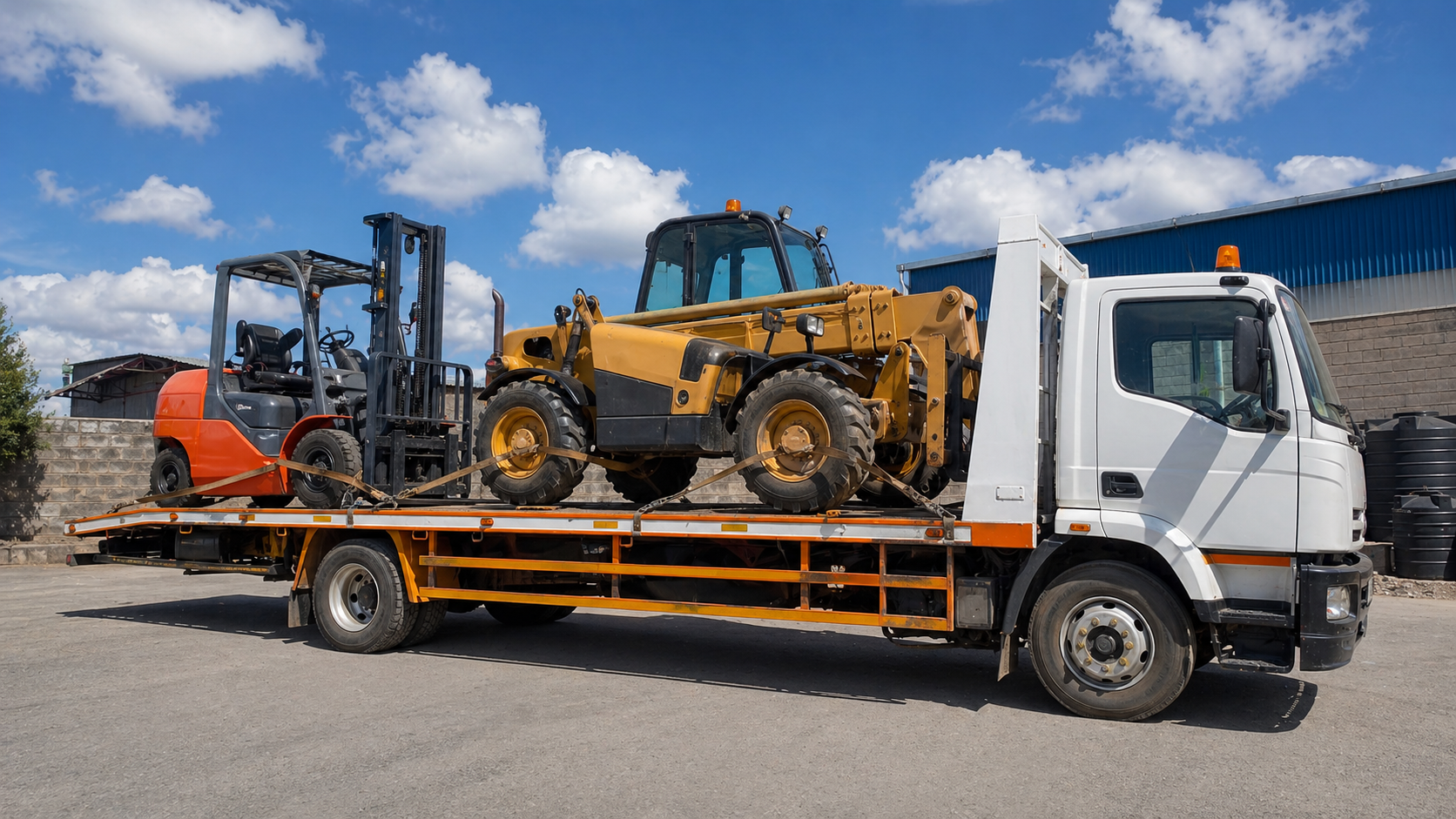 Forklift and telehandler secured on a flatbed for lifting and handling transport