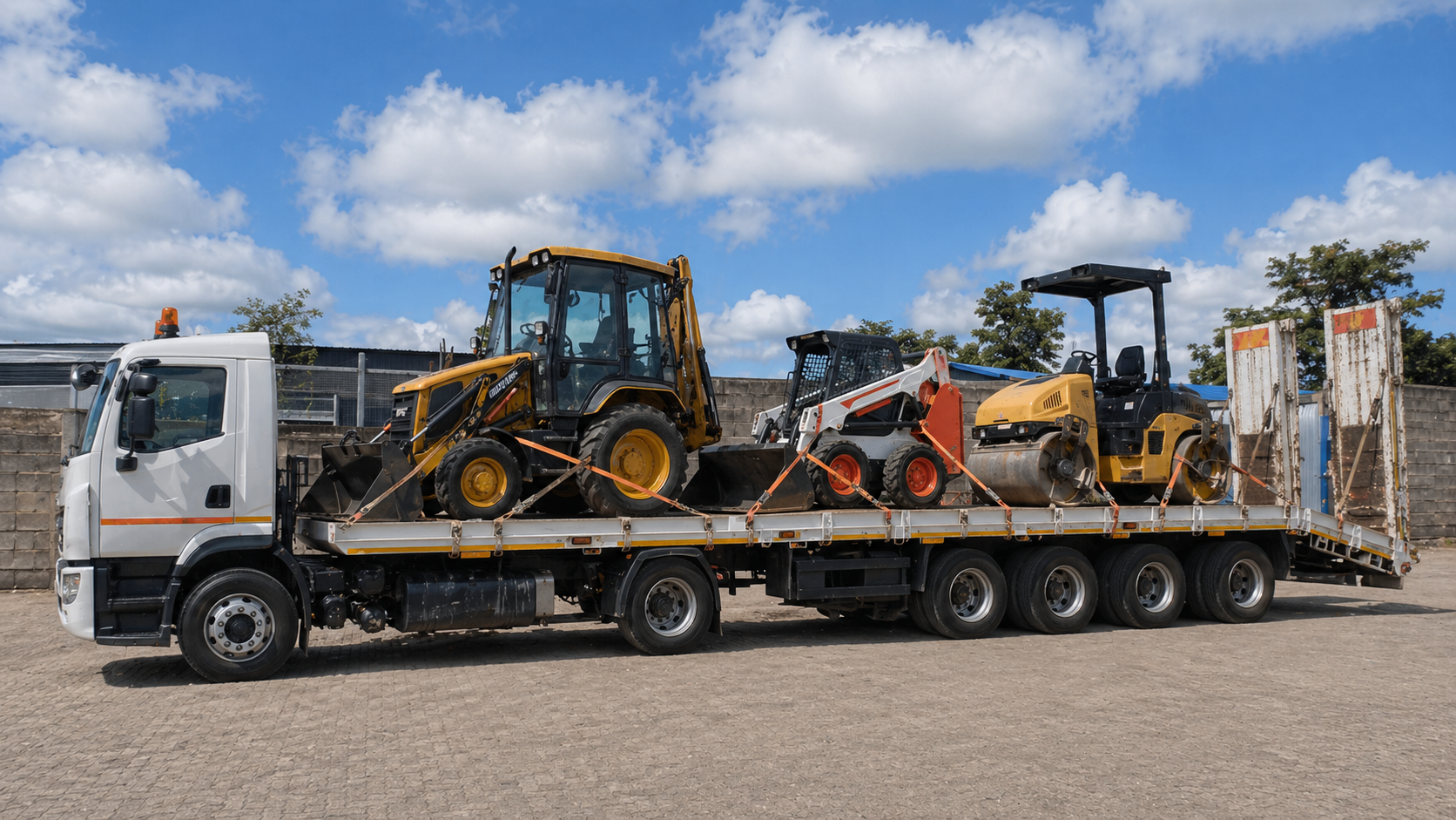 Heavy-duty transport truck carrying multiple large construction machines in Nairobi